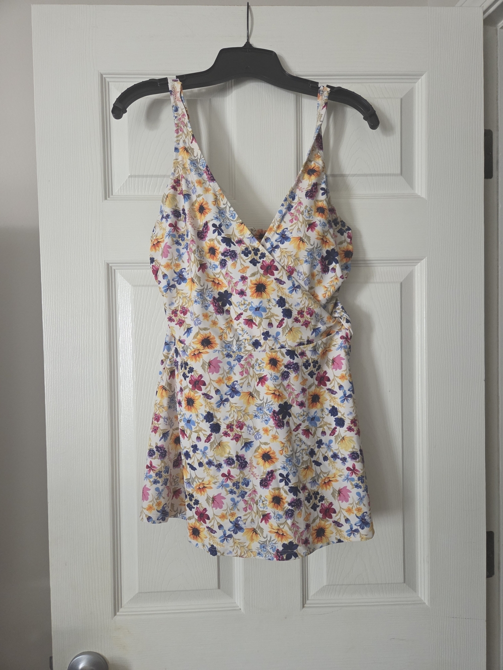 Floral Wrap-Front Swimsuit in White with Yellow & Purple Flowers